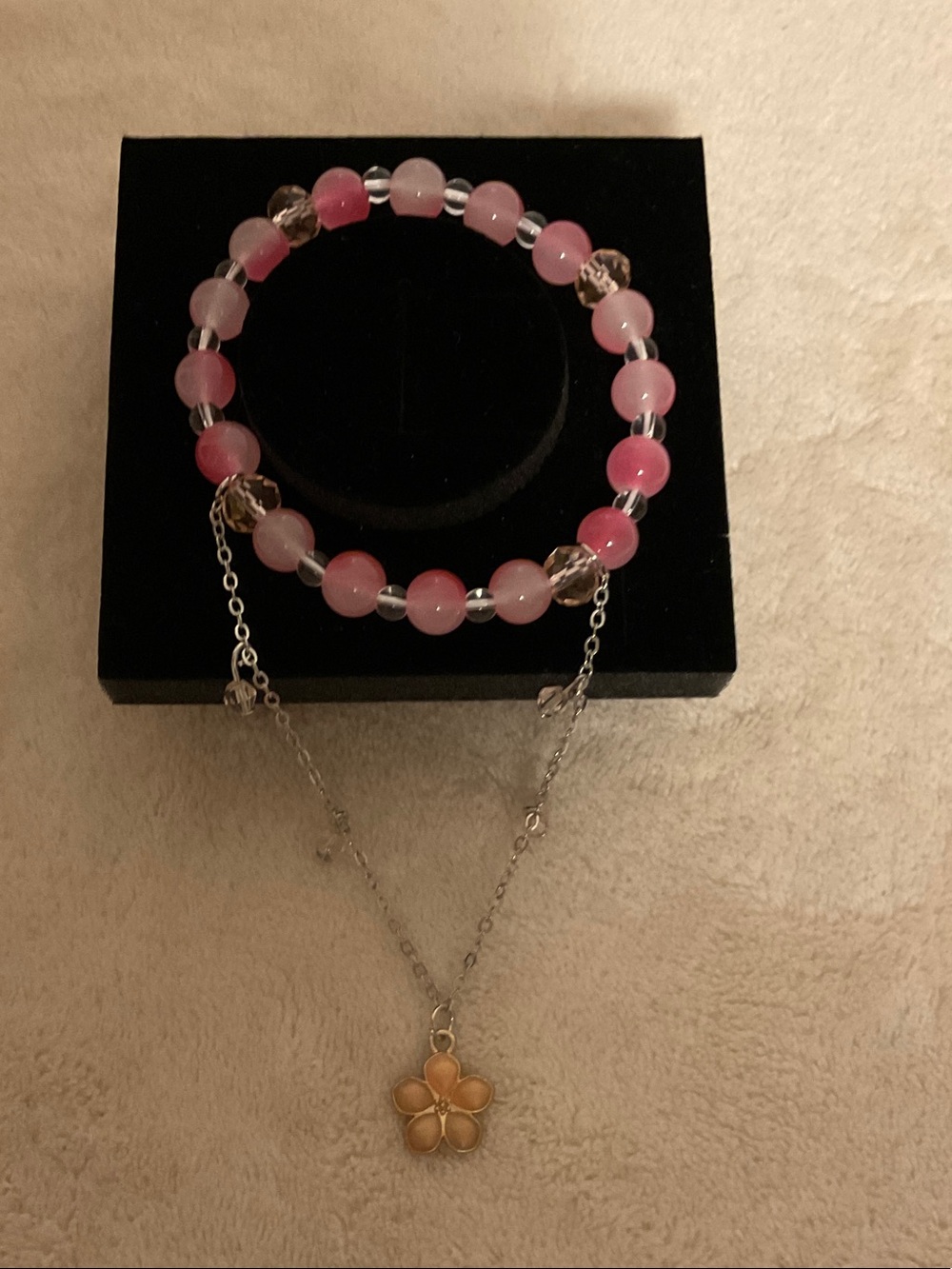 Pink Beaded Stretch Bracelet with Silver Accents